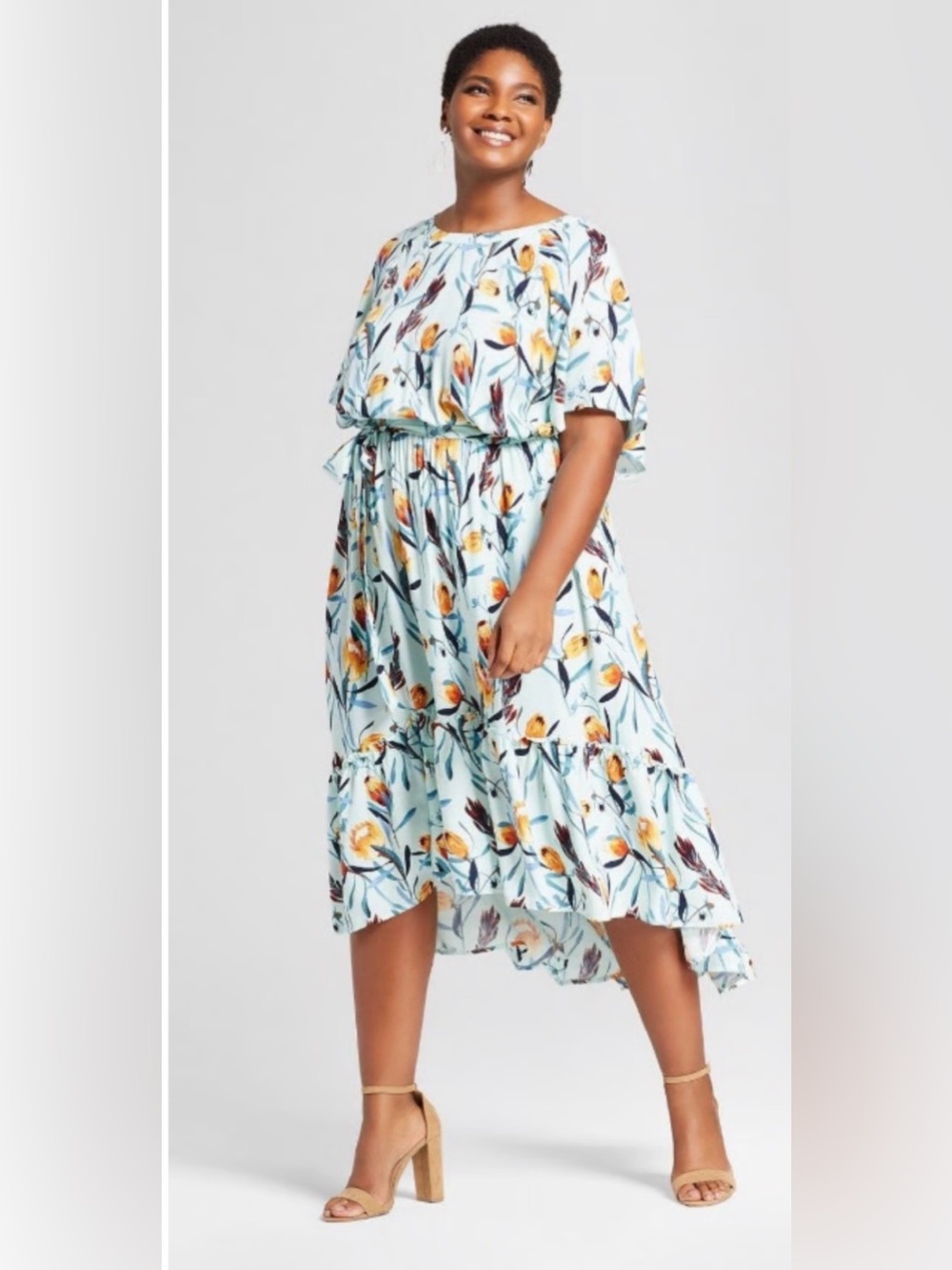 Floral Tiered Midi Dress - Light Blue with Orange Tulips r